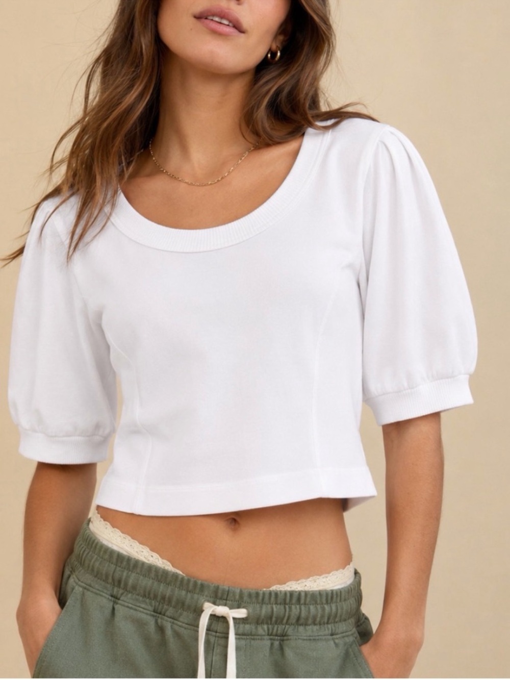 aerie Seams Right Puff Sleeve Cropped Top - White